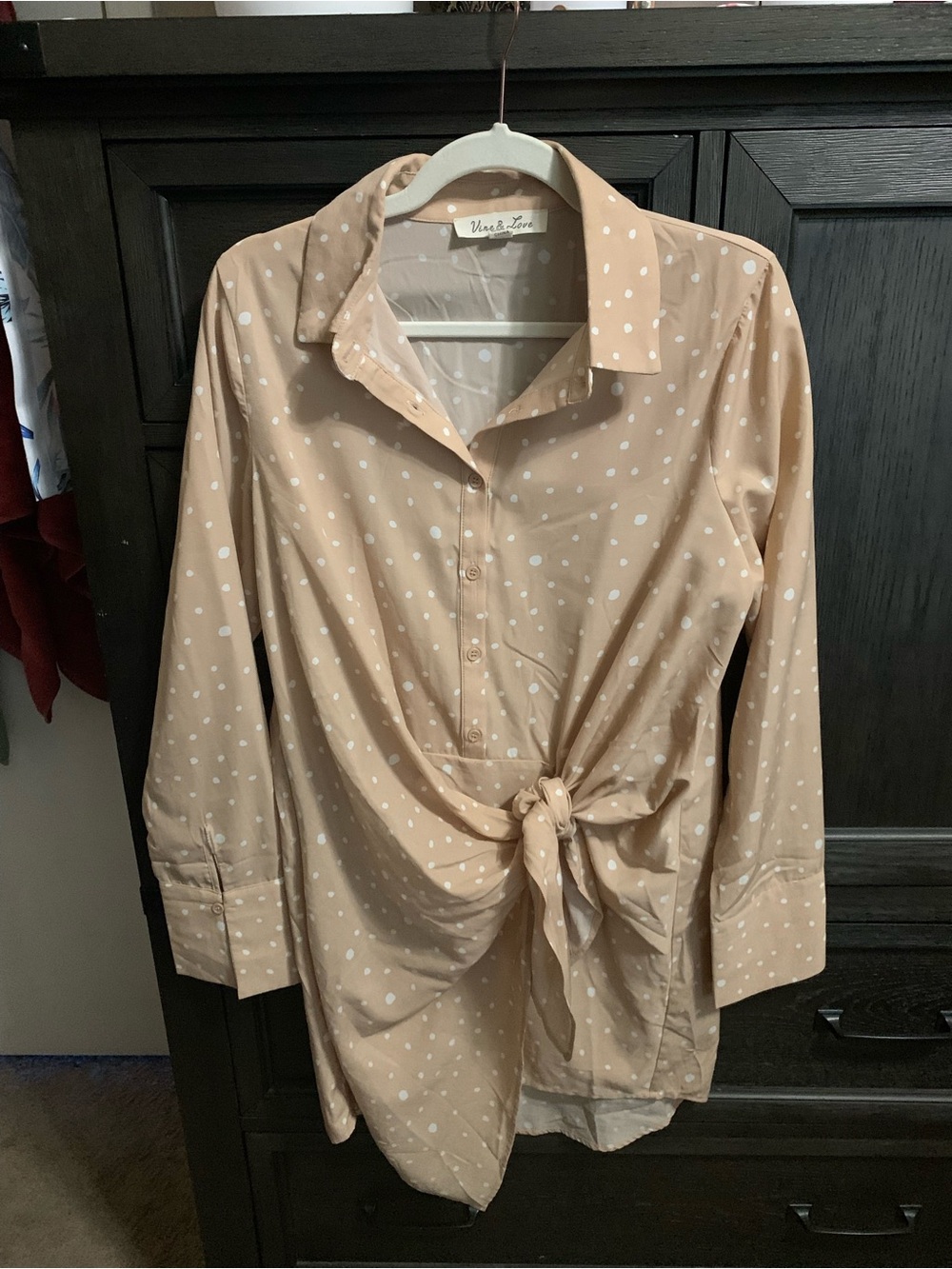 Vine & Love Beige Polka Dot Tie-Front Button-Down Shirt